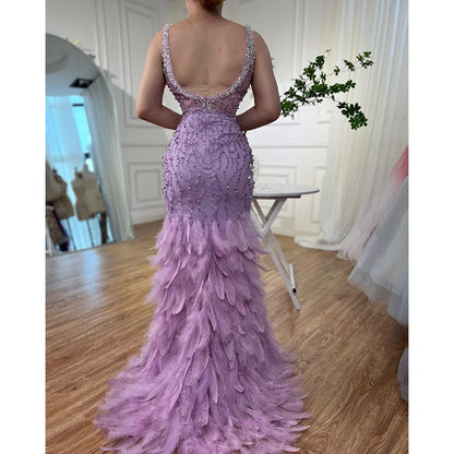 Serene Hill Pink Mermaid High Split Evening Dresses Feather Beaded Gowns Long 2025 For Women Wedding Party LA72152 Customized