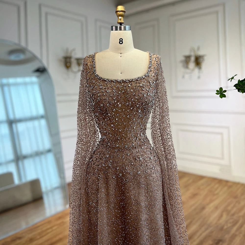 Rose Gold Beaded Saudi Evening Dress with Cape Sleeves A-Line Gown Serene Hill 2025 LA72147C Customized Plus Size