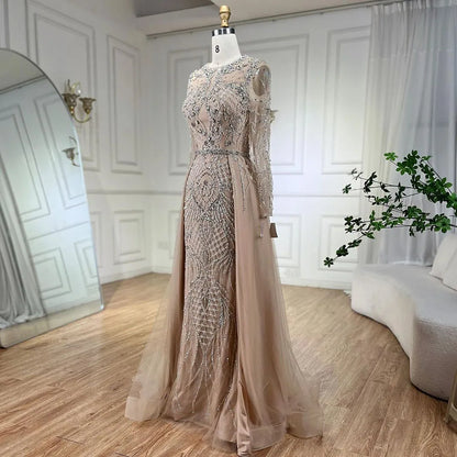 Serene Hill Muslim Silver Nude Mermaid Gown with Detachable Overskirt Beaded Evening Dress for Women Wedding Party 2025 LA71919