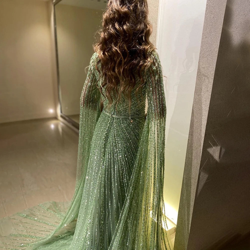 Serene Hill Mint Cape Sleeves A Line Beaded  Dubai Evening Dresses Long 2025 Celebrity Gowns For  Party LA71865 Customized