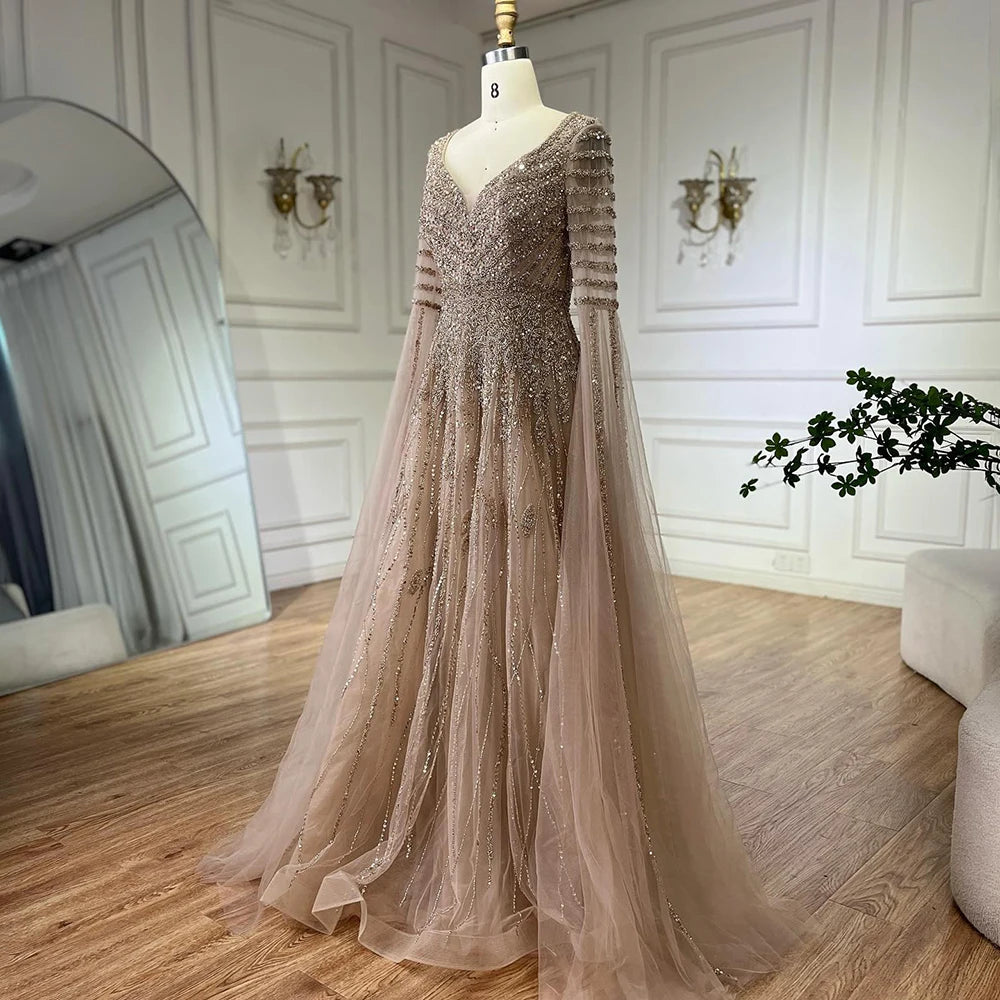 Customized 2025 Arabic Caramel Elegant A-Line Beaded Long Evening Dresses Gowns With Cape Sleeves For Formal Occasio LA72750
