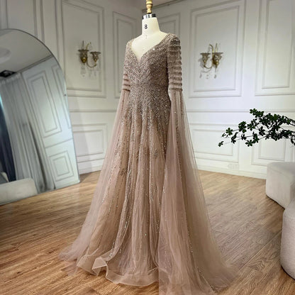 Customized 2025 Arabic Caramel Elegant A-Line Beaded Long Evening Dresses Gowns With Cape Sleeves For Formal Occasio LA72750
