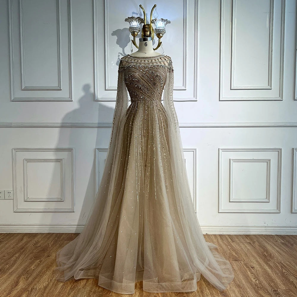 Luxury Caramel Evening Dress with Cape Long Sleeve Beaded Formal Gown for  Occasion Serene Hill 2025 LA72994 Customized