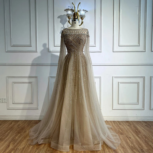 Luxury Caramel Evening Dress with Cape Long Sleeve Beaded Formal Gown for  Occasion Serene Hill 2025 LA72994 Customized