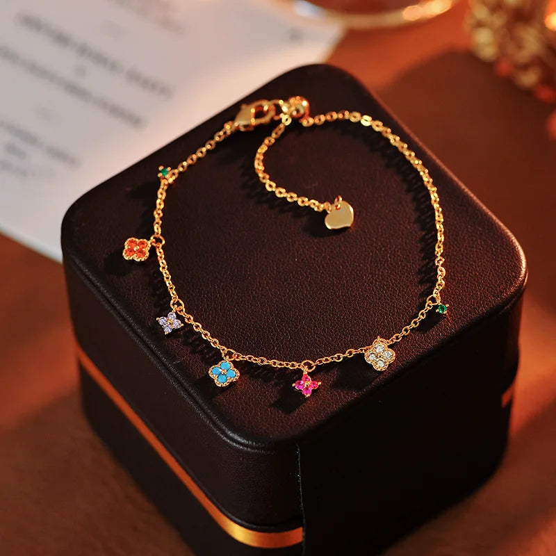 French Style Retro Dopamine Clover Design Necklaces   Colorful Zircon Earrings Clavicle Chain Bracelets Jewelry Sets For Women