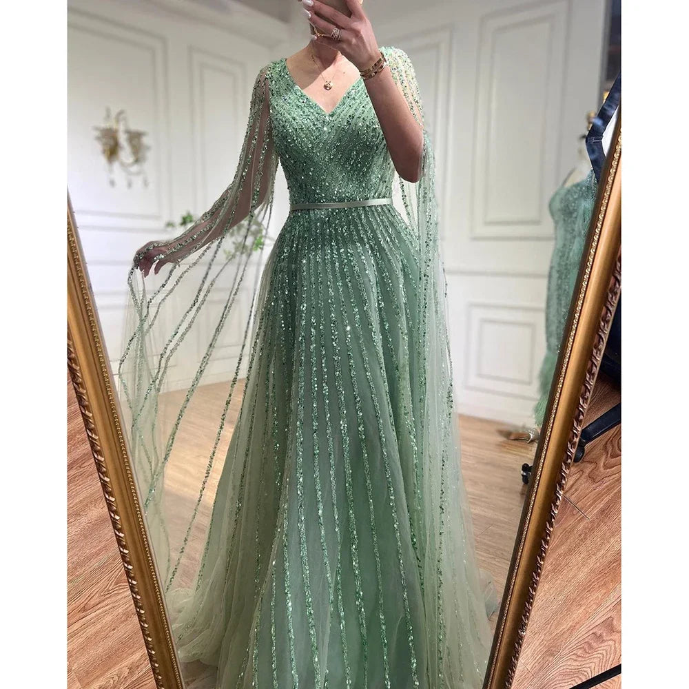 Serene Hill Mint Cape Sleeves A Line Beaded  Dubai Evening Dresses Long 2025 Celebrity Gowns For  Party LA71865 Customized
