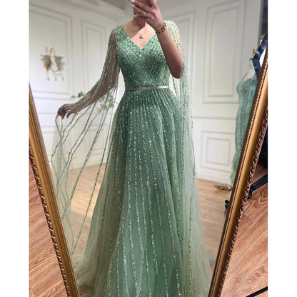 Serene Hill Mint Cape Sleeves A Line Beaded  Dubai Evening Dresses Long 2025 Celebrity Gowns For  Party LA71865 Customized