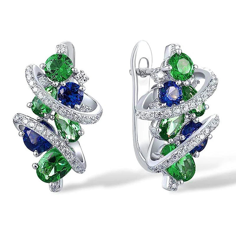 Huitan Green/Blue Cubic Zirconia Hoop Earrings for Women New Temperament Elegant Bridal Wedding Party Earrings Trendy Jewelry