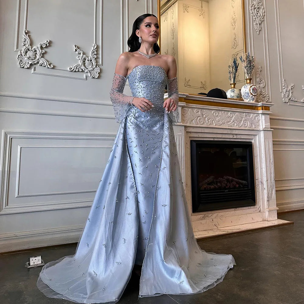 Serene Hill Customized 2025 Arabic Strapless Gray Blue Beaded Pearls Dubai Evening Dresses For Formal Occasion LA72705