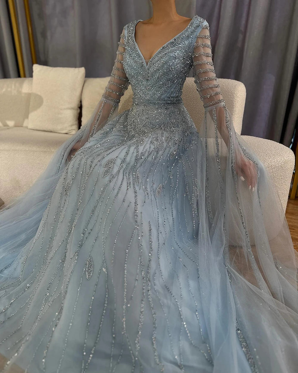 Customized 2025 Arabic Caramel Elegant A-Line Beaded Long Evening Dresses Gowns With Cape Sleeves For Formal Occasio LA72750