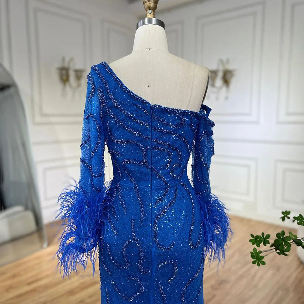 Serene Hill Blue Mermaid Elegant One-Shoulder Beaded Feathers  Evening Dress Gown for 's Wedding Party 2025 LA72395 Customized