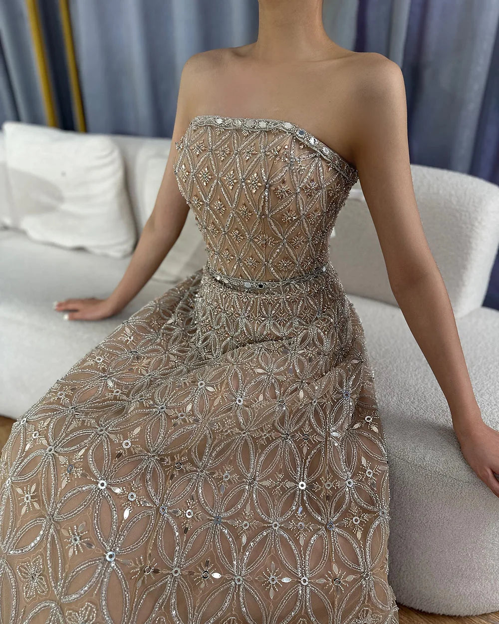Serene Hill 2025 Customized Arabic Gray A Line Beaded Long Evening Dresses Gowns For Occasion LA72755