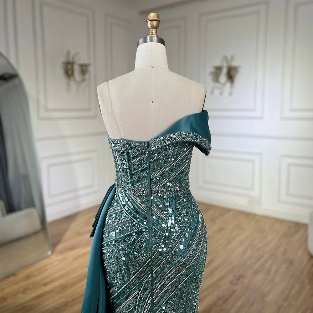 2025 Arabic Turquoise Beaded Evening Dresses  Dubai Elegant One Shoulder  Wedding Party Gowns LA72335  Customized