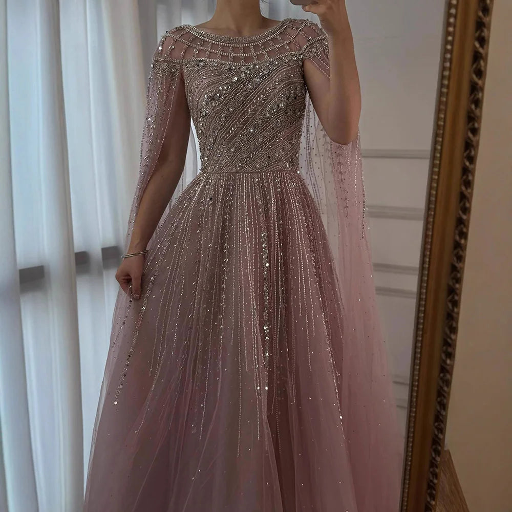 Luxury Caramel Evening Dress with Cape Long Sleeve Beaded Formal Gown for  Occasion Serene Hill 2025 LA72994 Customized