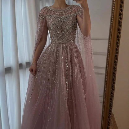Luxury Caramel Evening Dress with Cape Long Sleeve Beaded Formal Gown for  Occasion Serene Hill 2025 LA72994 Customized