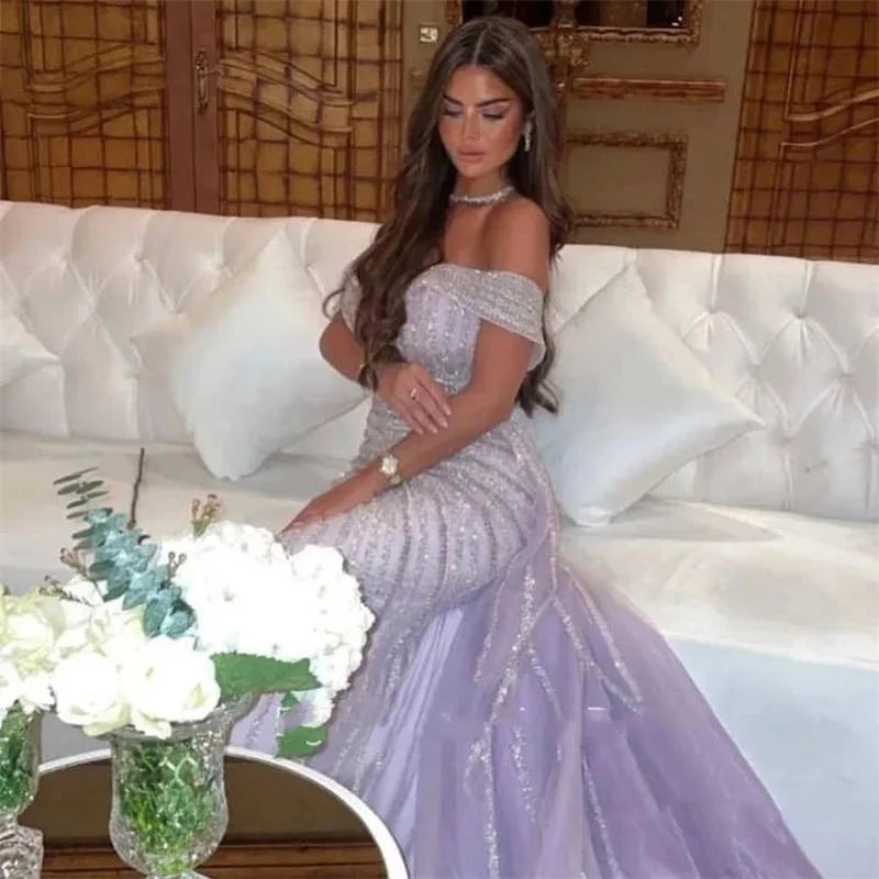 Shiny Striped Bead Embroidery Purple Evening Dresses customized Luxury Dress for Weddings Dresses Vest Wedding Party Cocktail