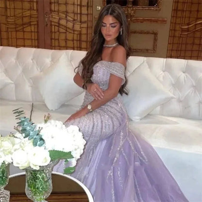 Shiny Striped Bead Embroidery Purple Evening Dresses customized Luxury Dress for Weddings Dresses Vest Wedding Party Cocktail