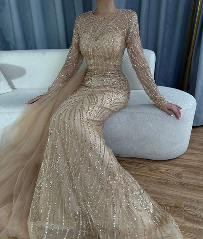 Serene Hill Caramel Beaded Mermaid Long Arabic Evening Dresses Gowns With Overskirt for Formal Occasion 2025 LA71673A Customized