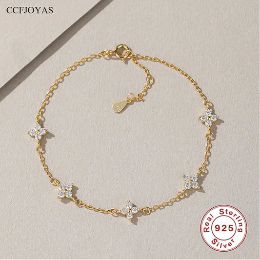 CCFJOYAS 100% 925 Sterling Silver Mini Flower Zircon Bracelet for Girl Minimalist 18k Gold Plated Lucky Bracelet Fine Jewelry
