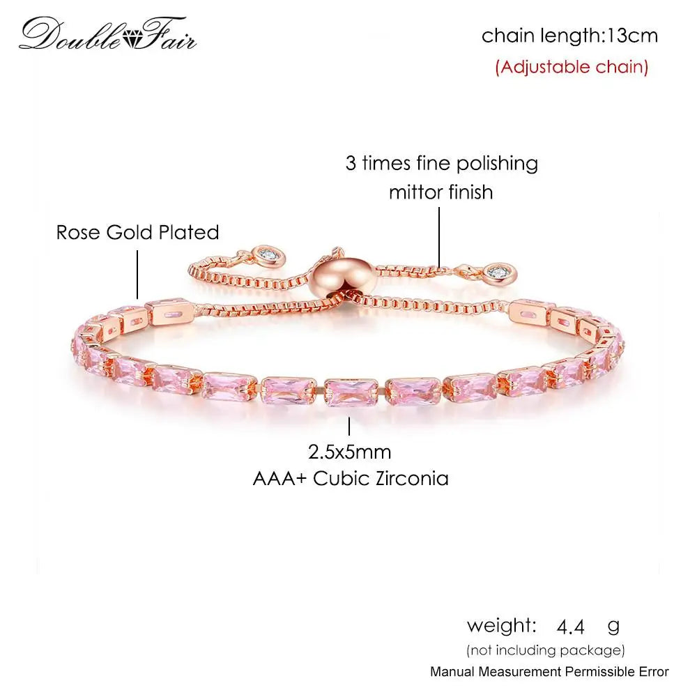 Romantic Pink Crystal Tennis Bracelets for Female Women Trend Shiny Zirconia Adjustable Folding Buckle Chain on Hand Jewelry