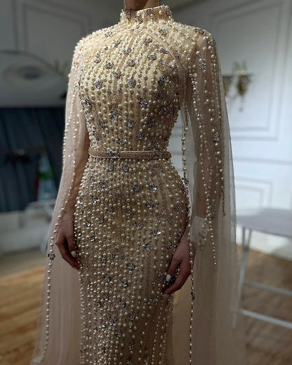 Muslim Nude Mermaid Cape Sleeves Pearls Beaded Luxury Dubai Evening Dresses Gowns 2025 Wedding Party LA72372 Customized