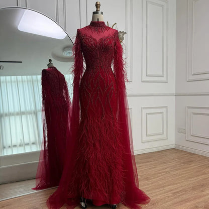Nude Feather Evening Dress for Women High Neck Cape Sleeve Luxury Beaded Formal Gown Serene Hill 2025 Customized LA71885C