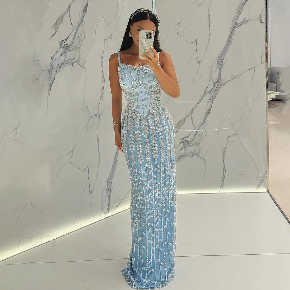 Luxury Arabic Blue Beaded Spaghetti Strap Pink Mermaid Evening Dress for Women Party Serene Hill 2025 Customized LA72725
