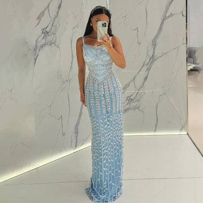 Luxury Arabic Blue Beaded Spaghetti Strap Pink Mermaid Evening Dress for Women Party Serene Hill 2025 Customized LA72725