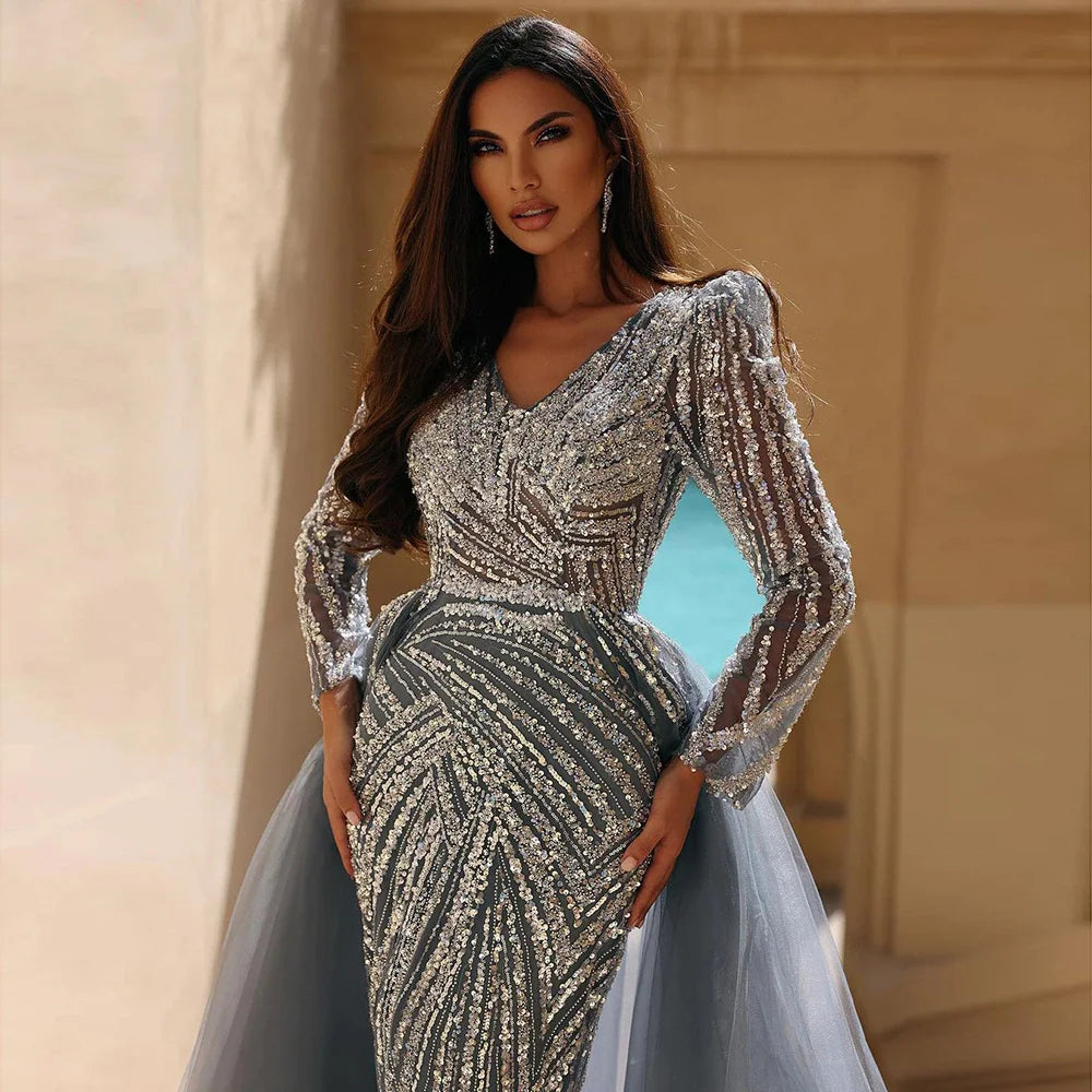 Serene Hill  Mermaid Beaded  Blue Muslim  Evening Dresses Gowns  with Detachable Skirt 2025  LA71750 Customized