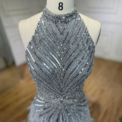 Serene Hill Dubai Halter Beige  Feathers Beaded Formal Luxury Mermaid Evening Dresses For Women Wedding Party 2025 LA70623A