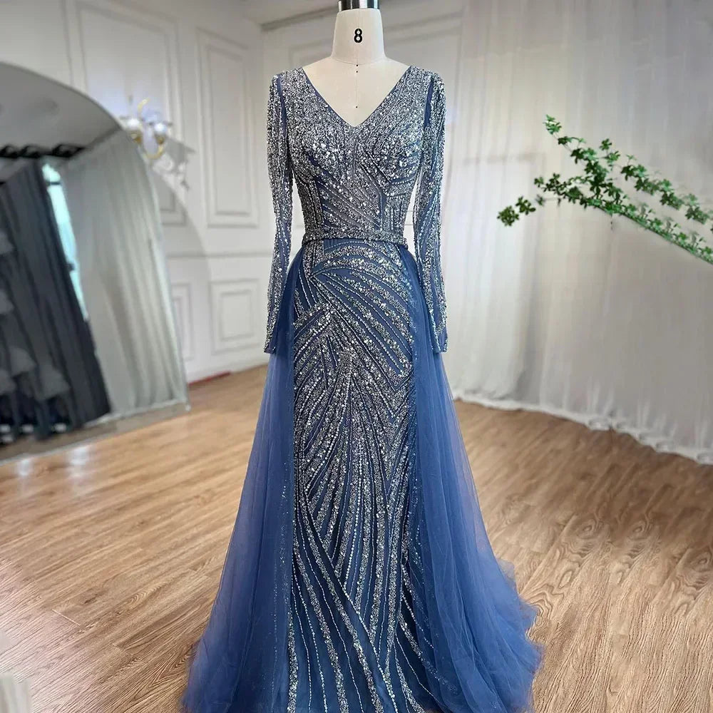 Serene Hill  Mermaid Beaded  Blue Muslim  Evening Dresses Gowns  with Detachable Skirt 2025  LA71750 Customized