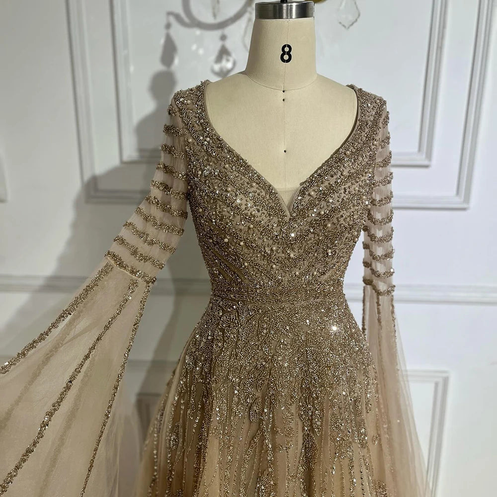Customized 2025 Arabic Caramel Elegant A-Line Beaded Long Evening Dresses Gowns With Cape Sleeves For Formal Occasio LA72750