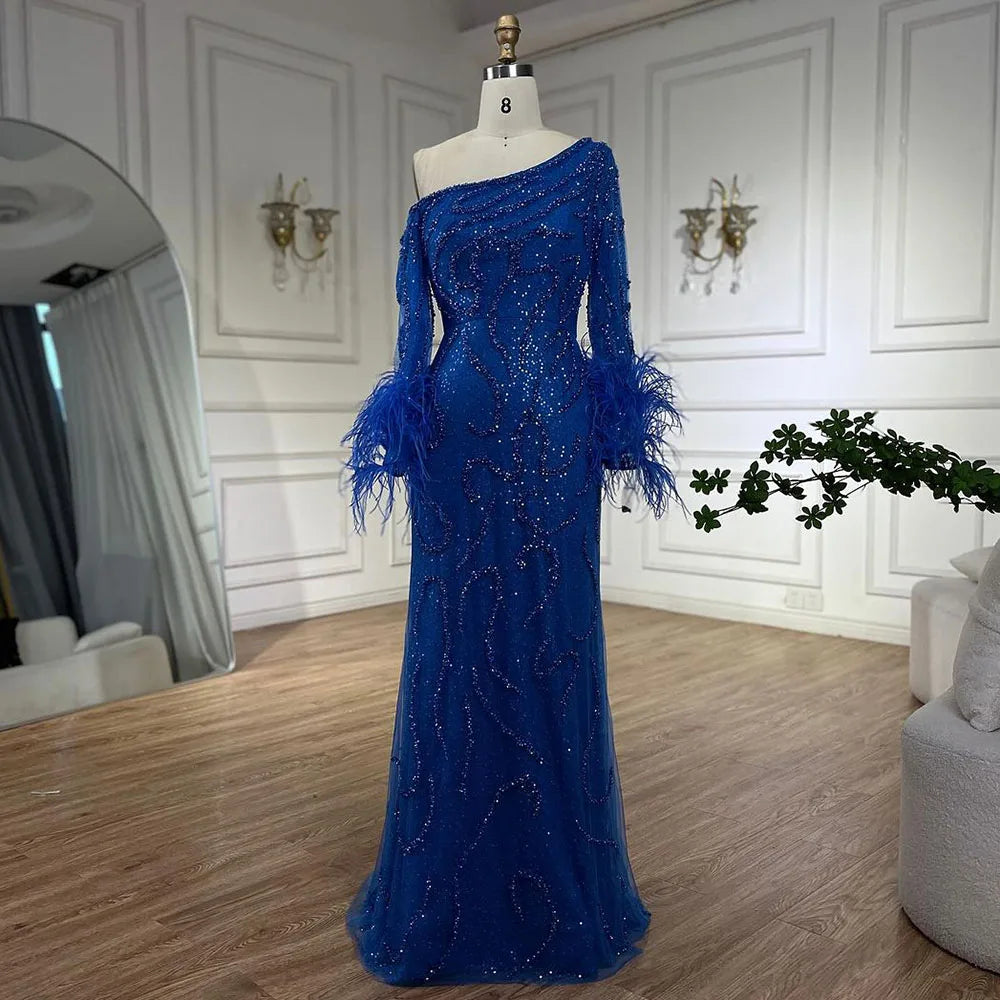 Serene Hill Blue Mermaid Elegant One-Shoulder Beaded Feathers  Evening Dress Gown for 's Wedding Party 2025 LA72395 Customized