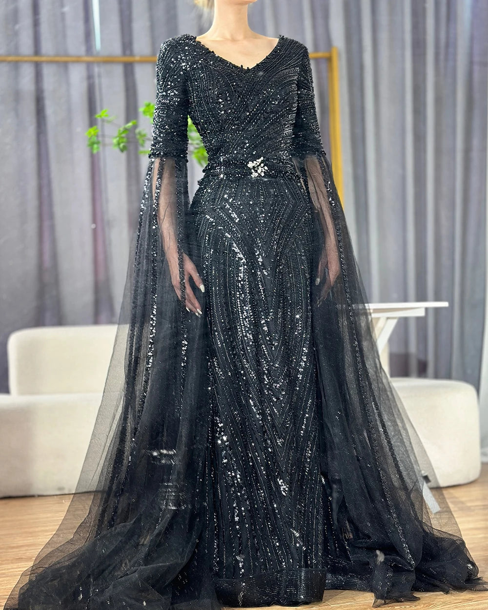 Serene Hill Customized 2025 Caramel A-Line Beaded Saudi Arabic Evening Dress with Cape Sleeves for Wedding Party LA72798