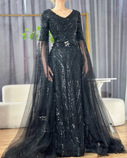 Serene Hill Customized 2025 Caramel A-Line Beaded Saudi Arabic Evening Dress with Cape Sleeves for Wedding Party LA72798