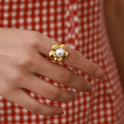 Uworld 18K Gold Color Plated Stainless Steel Flower Pearl Ring Irregular Opposite Sex Pearls Stackable Ring Women's Jewelry Part