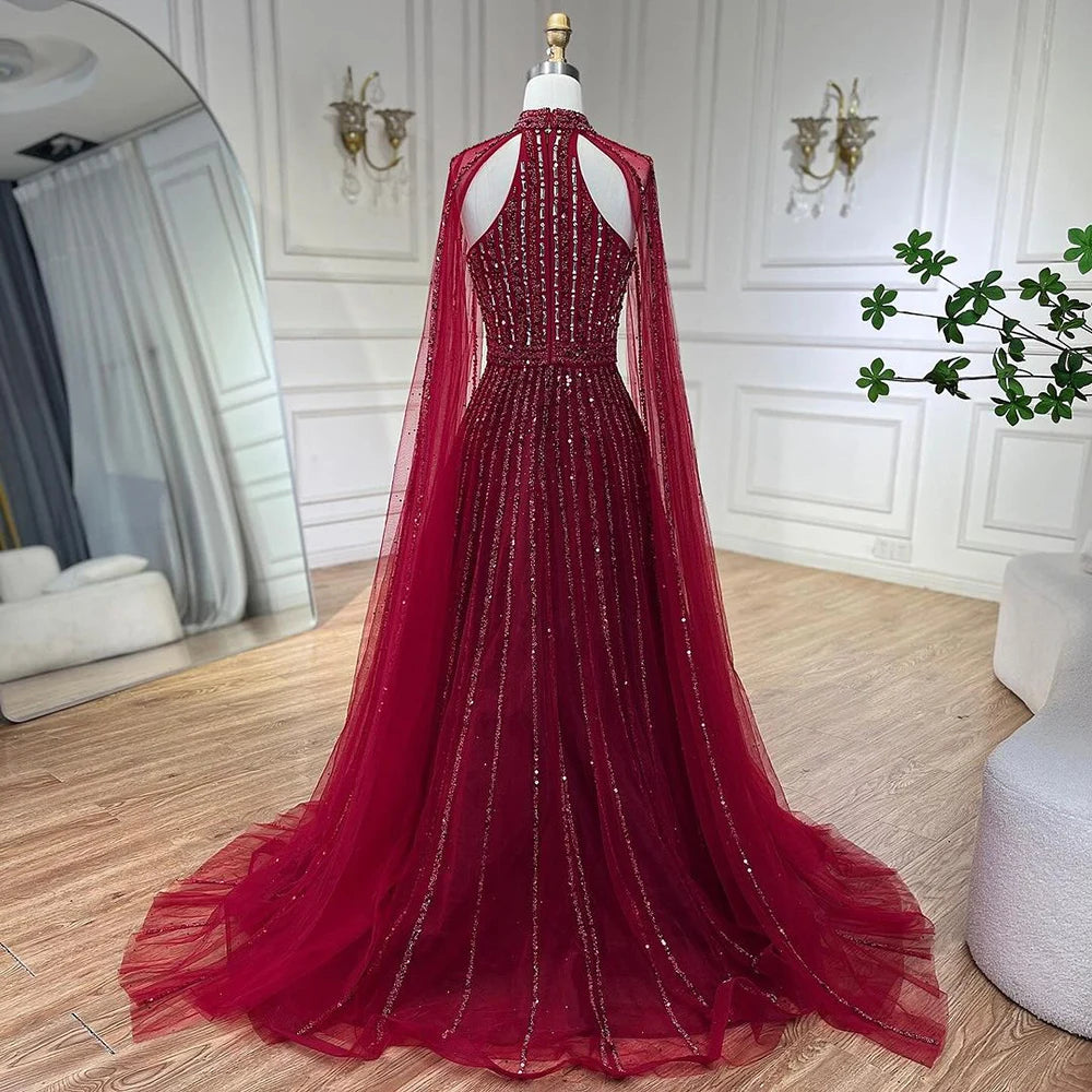 Serene Hill Arabic Turquoise A Line Cape Sleeve Beaded   Evening Dresses Gowns For Occasion 2025 LA72306A Customized