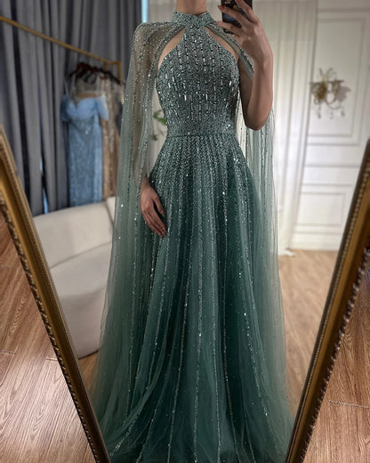 Serene Hill Arabic Turquoise A Line Cape Sleeve Beaded   Evening Dresses Gowns For Occasion 2025 LA72306A Customized