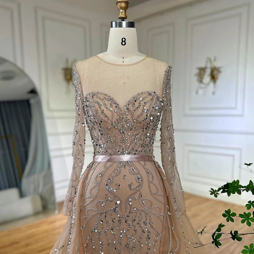 Serene Hill 2025 Customized Pink Beaded Saudi Arabic Mermaid Evening Dresses With Sheer Long Sleeves For Formal Occasion LA72875
