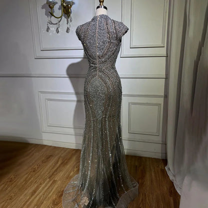 2025 Arabic Dubai Gray Nude Mermaid Floor Length Beaded Luxury Evening Dresses Gowns For Wedding Party LA72344 Customized