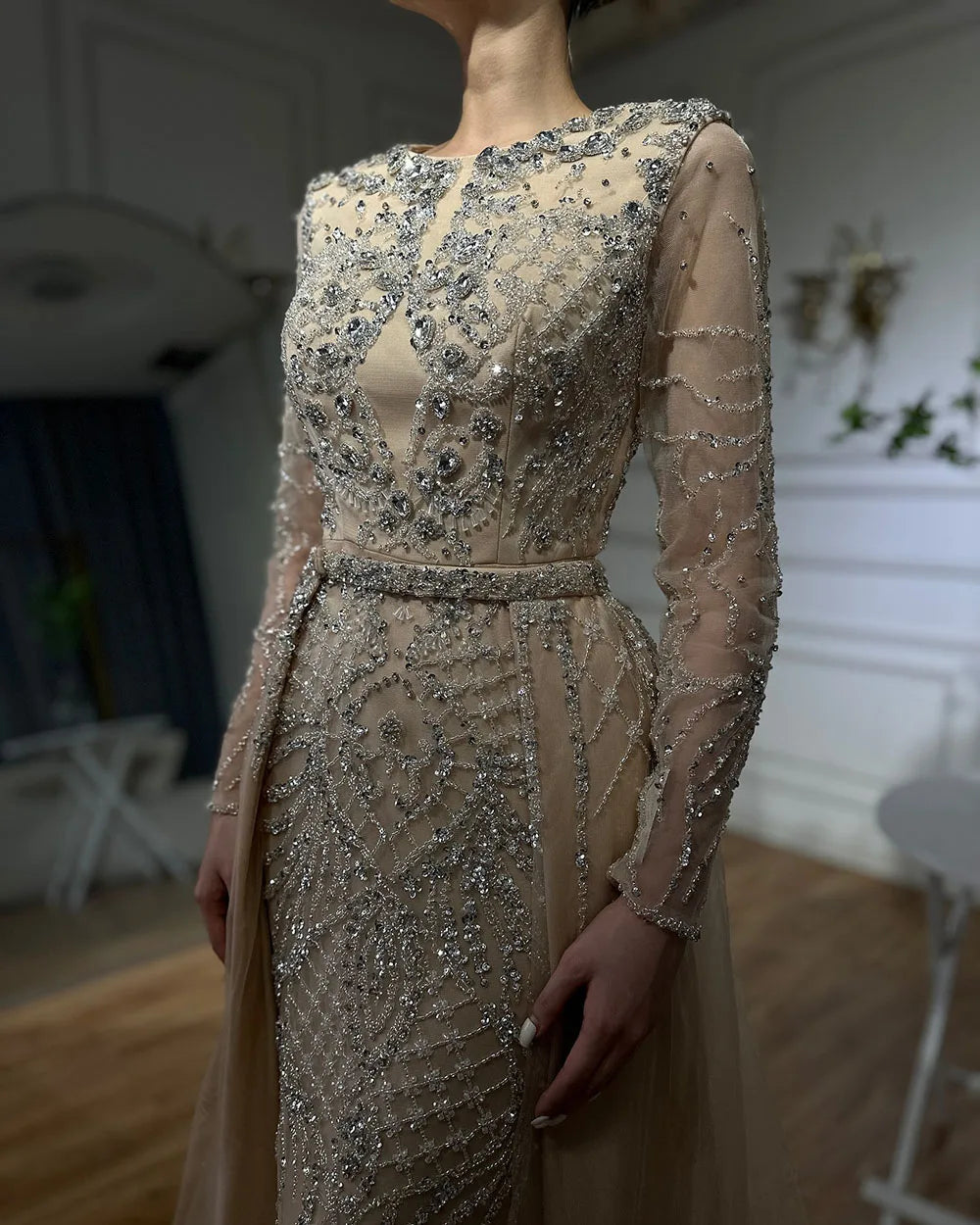 Serene Hill Muslim Silver Nude Mermaid Gown with Detachable Overskirt Beaded Evening Dress for Women Wedding Party 2025 LA71919