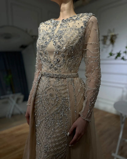 Serene Hill Muslim Silver Nude Mermaid Gown with Detachable Overskirt Beaded Evening Dress for Women Wedding Party 2025 LA71919