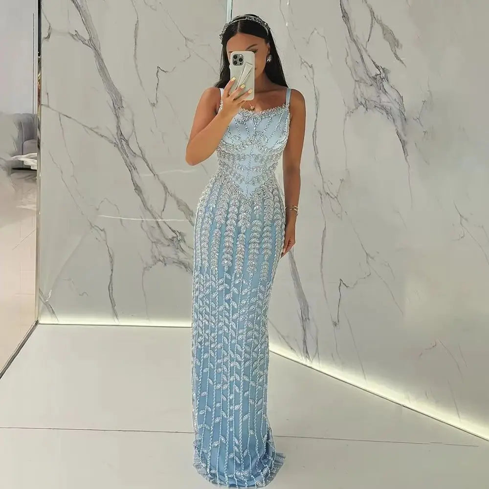 Luxury Arabic Blue Beaded Spaghetti Strap Pink Mermaid Evening Dress for Women Party Serene Hill 2025 Customized LA72725