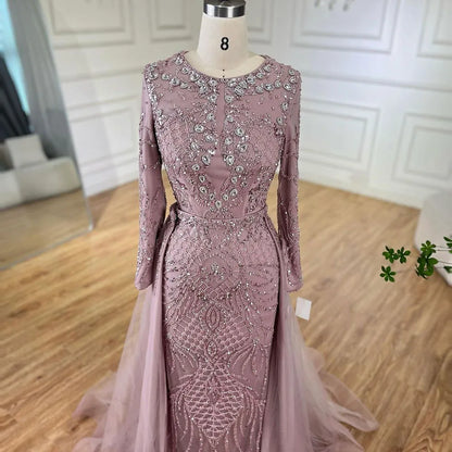 Serene Hill Muslim Silver Nude Mermaid Gown with Detachable Overskirt Beaded Evening Dress for Women Wedding Party 2025 LA71919