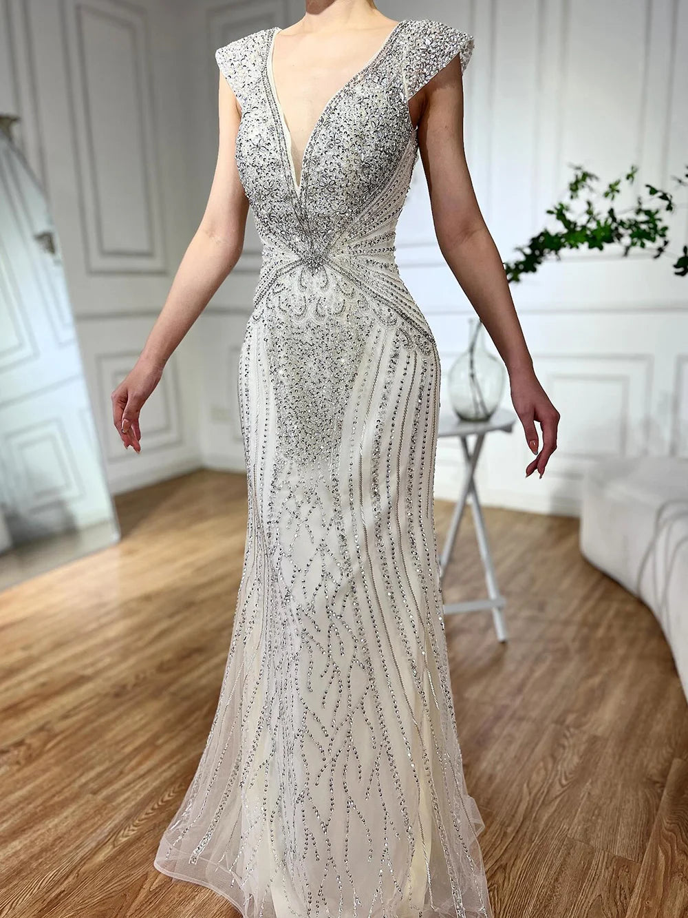 Customized Dubai Caramel Elegant Sleeveles Mermaid Beaded Arabic Evening Dresses Gowns For Women Wedding Party 2025 LA72456