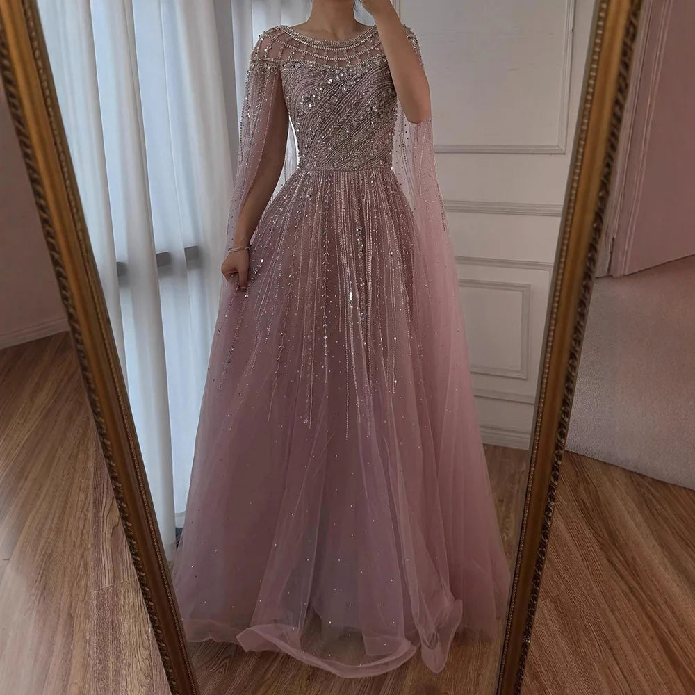 Luxury Caramel Evening Dress with Cape Long Sleeve Beaded Formal Gown for  Occasion Serene Hill 2025 LA72994 Customized