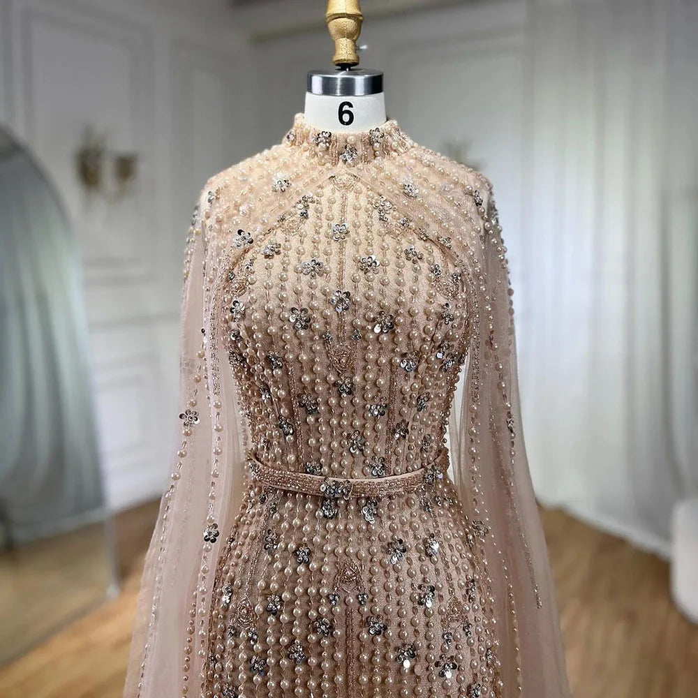 Muslim Nude Mermaid Cape Sleeves Pearls Beaded Luxury Dubai Evening Dresses Gowns 2025 Wedding Party LA72372 Customized
