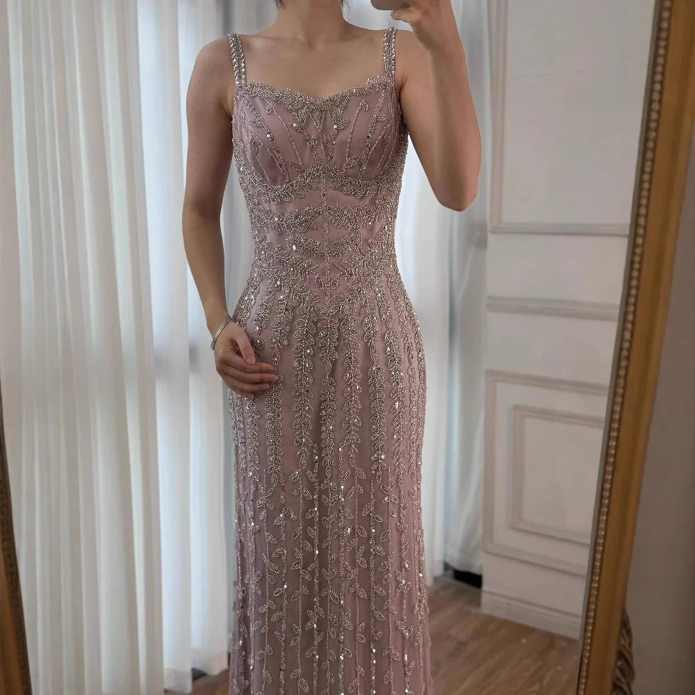 Luxury Arabic Blue Beaded Spaghetti Strap Pink Mermaid Evening Dress for Women Party Serene Hill 2025 Customized LA72725