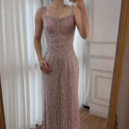 Luxury Arabic Blue Beaded Spaghetti Strap Pink Mermaid Evening Dress for Women Party Serene Hill 2025 Customized LA72725