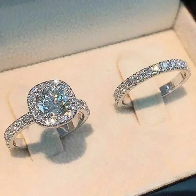 CAOSHI Sparkling Fully Inlaid Zirconia 2Pc/Set Rings 925 Sterling Silver Absolutely Stunning  Jewelry Engagement Women Jewelry